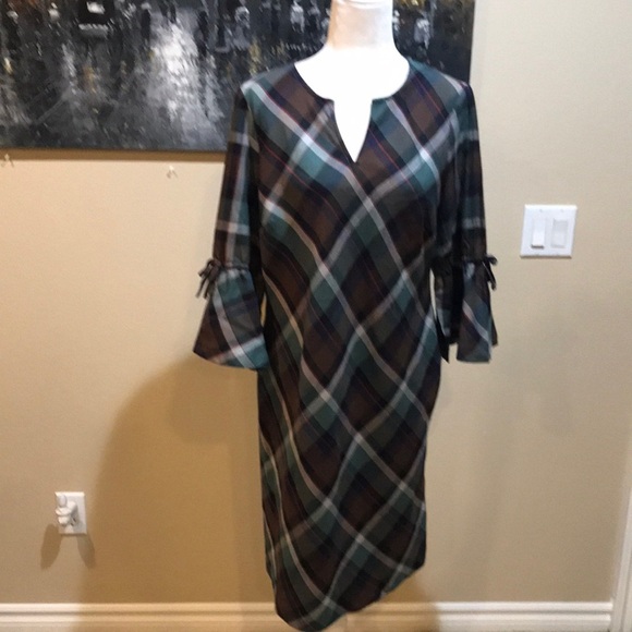 CHADWICKS Green/Brown/Black Plaid Bell Sleeved Midi Sheath Dress-Size 12 - Picture 1 of 12